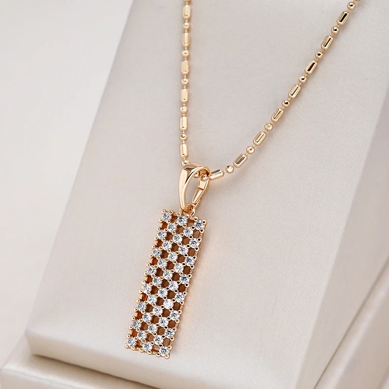 Full Natural Zircon Square Pendant Necklace Fashion 585 Rose Gold Color Women Daily Necklace High Quality Fine Jewelry