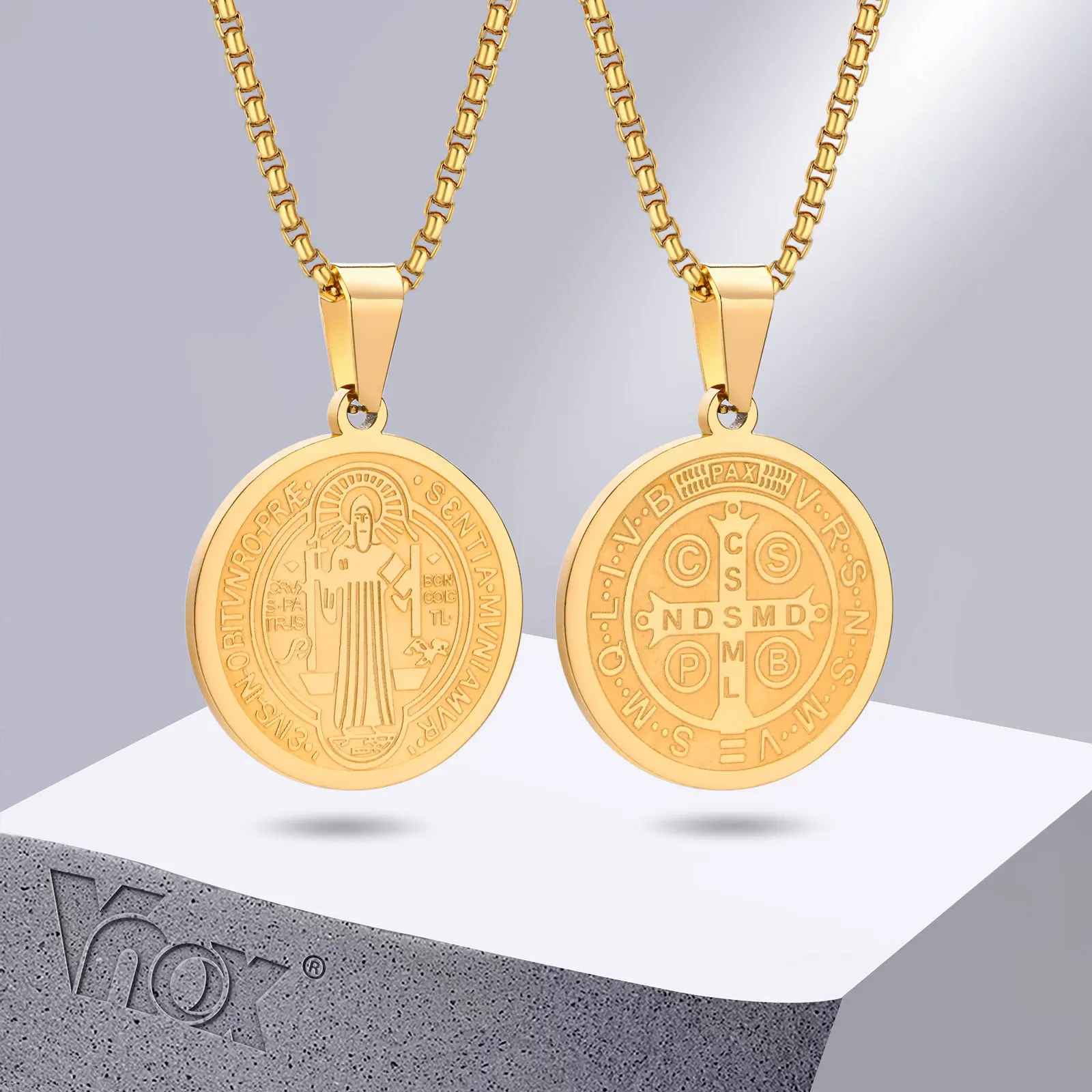Vnox Men Saint Benedict Medal Necklace, Gold Color Stainless Steel Christian Sacramental Catholic Jewelry Gift,with Box Chain