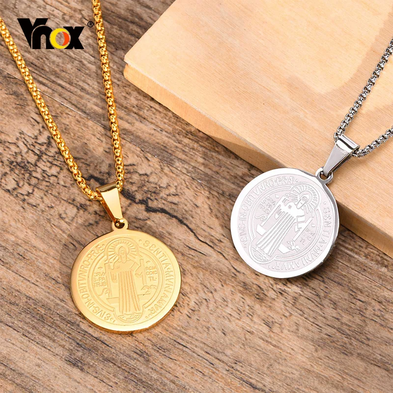Vnox Men Saint Benedict Medal Necklace, Gold Color Stainless Steel Christian Sacramental Catholic Jewelry Gift,with Box Chain