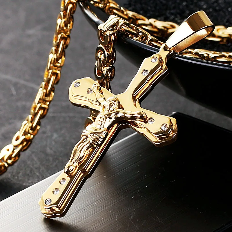 Ancient Men Stainless Steel Crystal Jesus Christ Holy Crucifix Cross Pendant Necklace Byzantine Chain Necklaces Jewelry Gifts