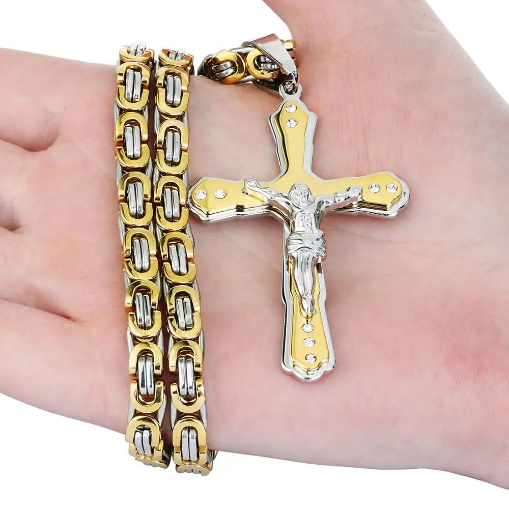 Ancient Men Stainless Steel Crystal Jesus Christ Holy Crucifix Cross Pendant Necklace Byzantine Chain Necklaces Jewelry Gifts