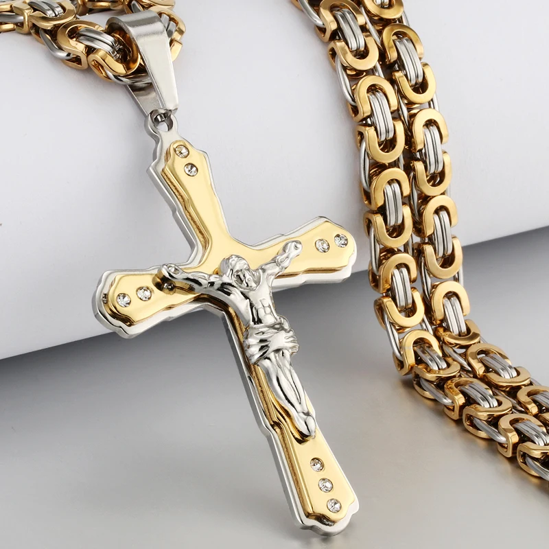 Ancient Men Stainless Steel Crystal Jesus Christ Holy Crucifix Cross Pendant Necklace Byzantine Chain Necklaces Jewelry Gifts