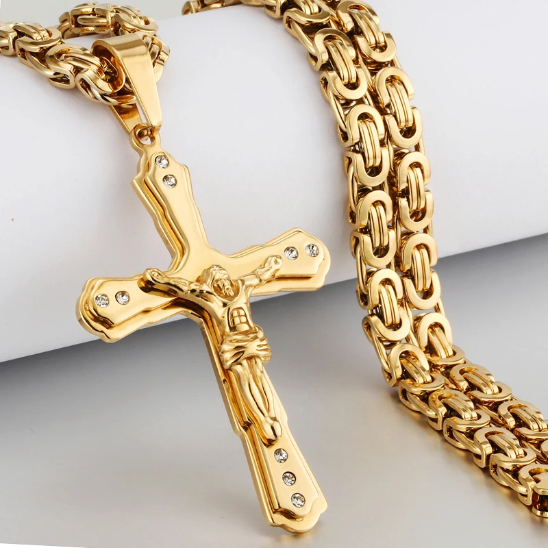 Ancient Men Stainless Steel Crystal Jesus Christ Holy Crucifix Cross Pendant Necklace Byzantine Chain Necklaces Jewelry Gifts