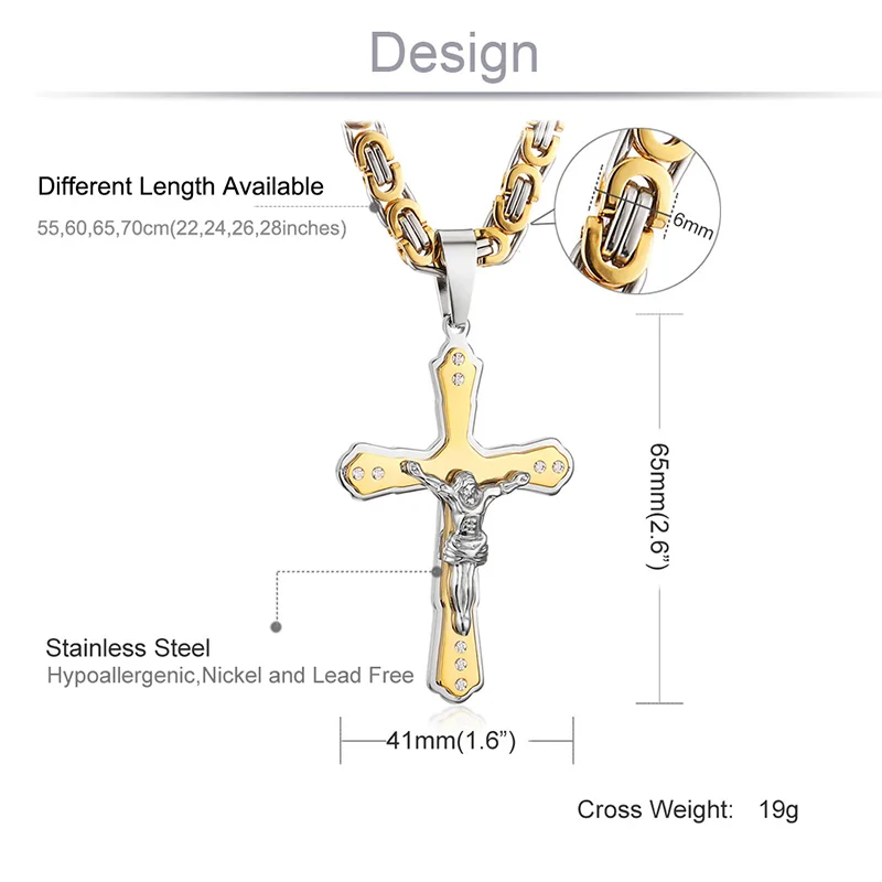 Ancient Men Stainless Steel Crystal Jesus Christ Holy Crucifix Cross Pendant Necklace Byzantine Chain Necklaces Jewelry Gifts