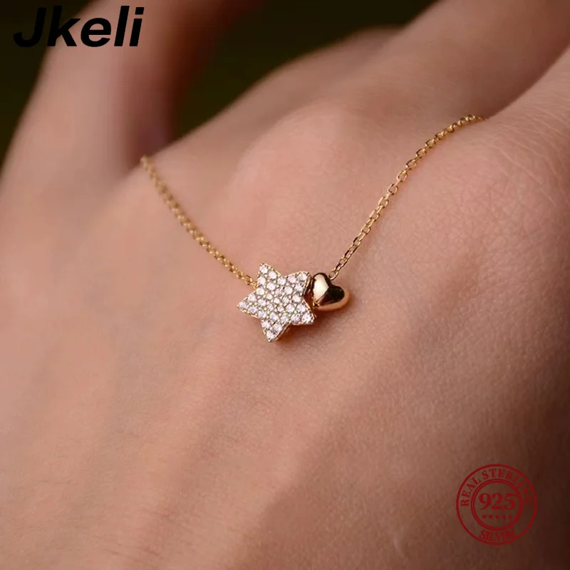 Jkeli Real 925 Sterling Silver Necklace Sweet Star Heart  Pendant 18k Necklace For Women Wedding Statement Fine Jewelry