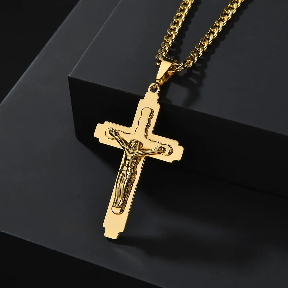 Unisex Gold Color Cross Jesus Pendant Three Layers Stainless Steel Religious Jewelry Necklace for Men and Women