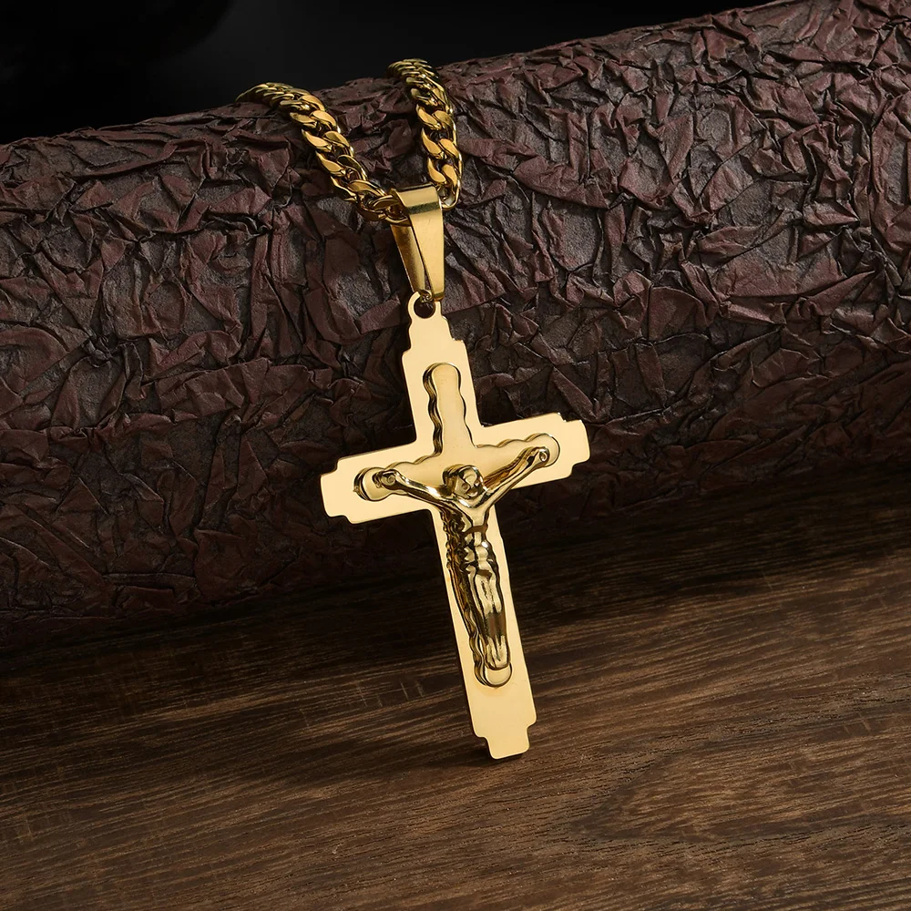 Unisex Gold Color Cross Jesus Pendant Three Layers Stainless Steel Religious Jewelry Necklace for Men and Women