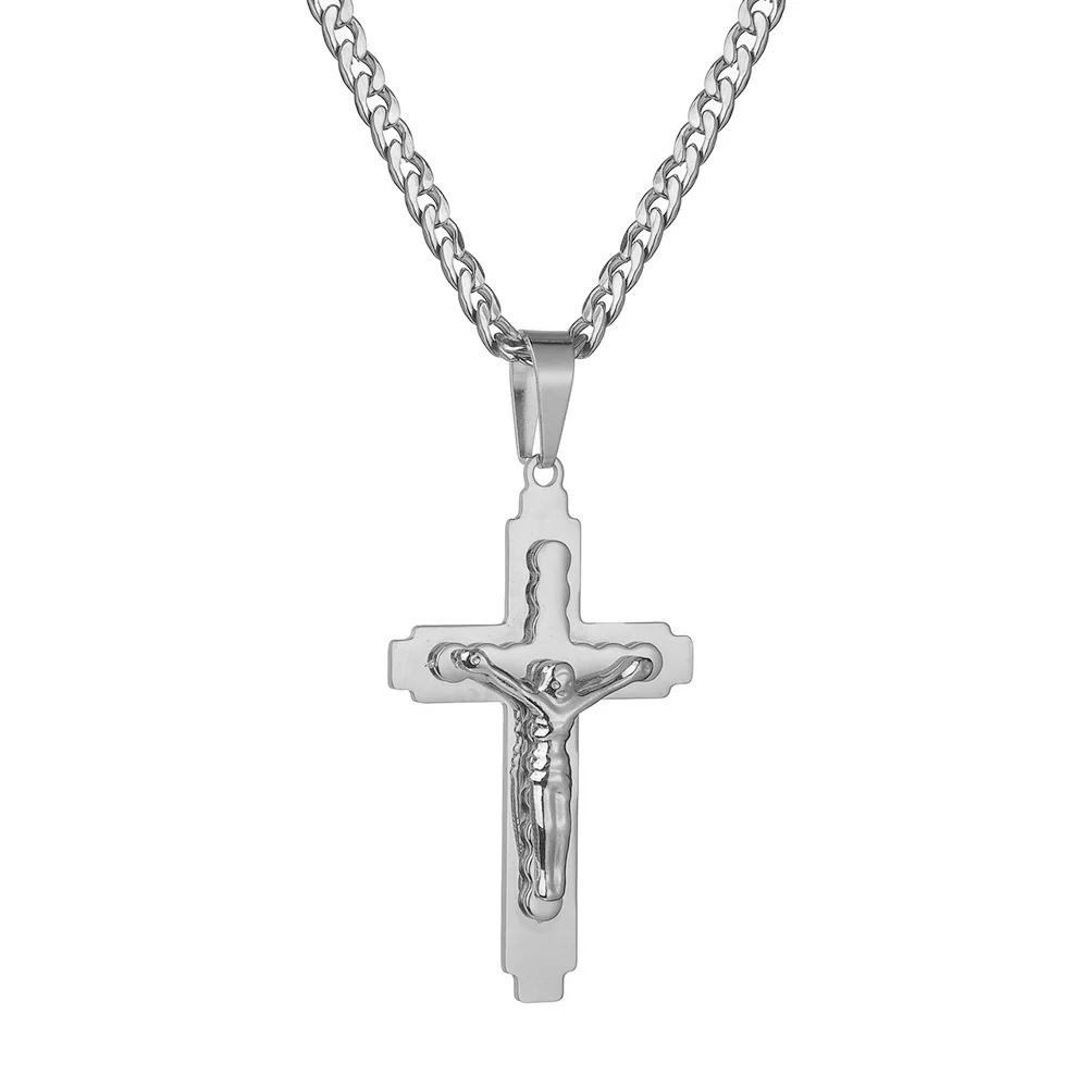 Unisex Gold Color Cross Jesus Pendant Three Layers Stainless Steel Religious Jewelry Necklace for Men and Women