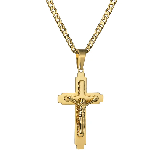Unisex Gold Color Cross Jesus Pendant Three Layers Stainless Steel Religious Jewelry Necklace for Men and Women