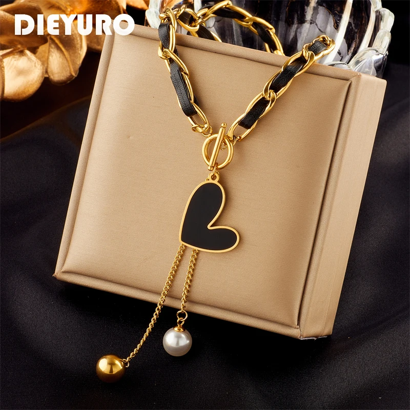 316L Stainless Steel Black Heart Pearl Ball Pendant Necklace For Women Fashion Girls OT Clasp Leather Chain Jewelry Gift