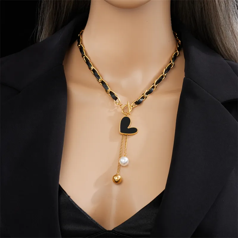 316L Stainless Steel Black Heart Pearl Ball Pendant Necklace For Women Fashion Girls OT Clasp Leather Chain Jewelry Gift