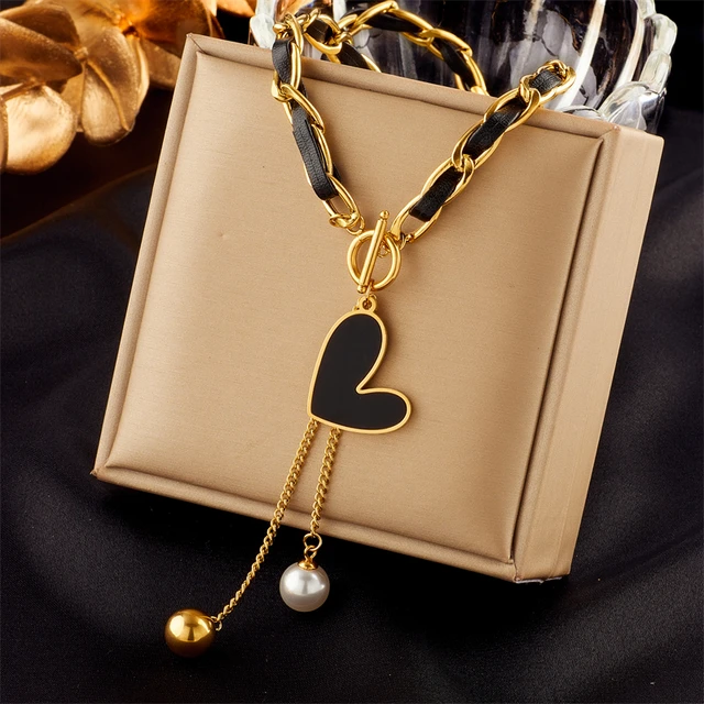 316L Stainless Steel Black Heart Pearl Ball Pendant Necklace For Women Fashion Girls OT Clasp Leather Chain Jewelry Gift