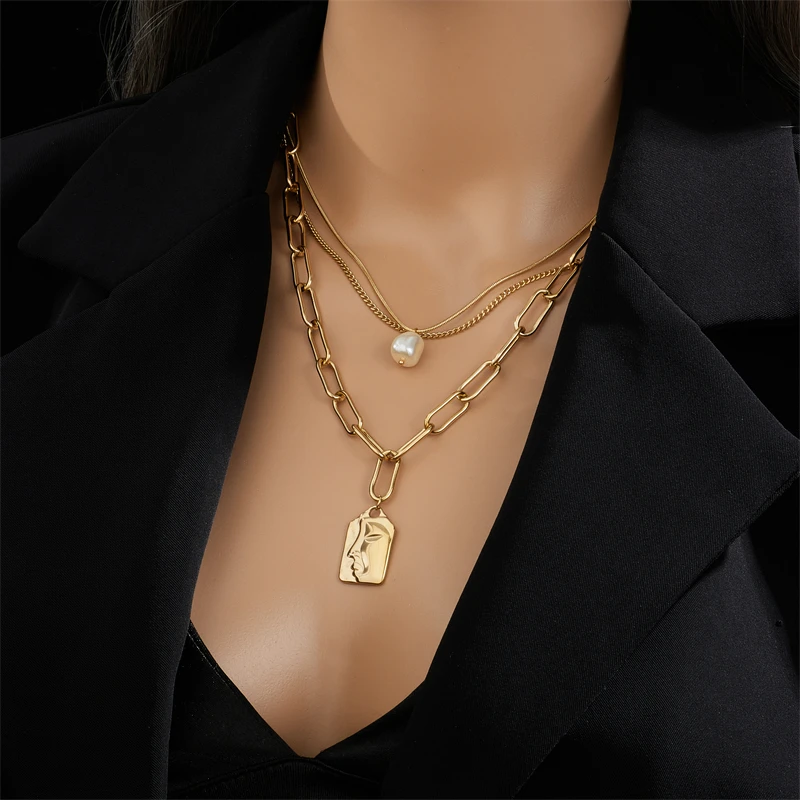 316L Stainless Steel 3-Layer Pearl Square Portrait Pendant Necklace For Women Punk Street Trend Chain Neck Jewelry Gift