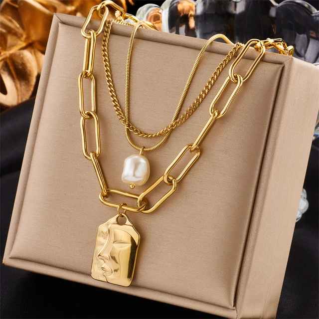 316L Stainless Steel 3-Layer Pearl Square Portrait Pendant Necklace For Women Punk Street Trend Chain Neck Jewelry Gift