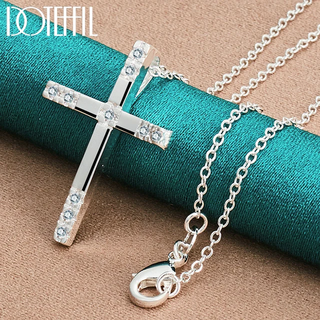 925 Sterling Silver AAA Zircon Cross Pendant Necklace 16-30 Inch Chain For Women Man Fashion Wedding Charm JewelryProdu