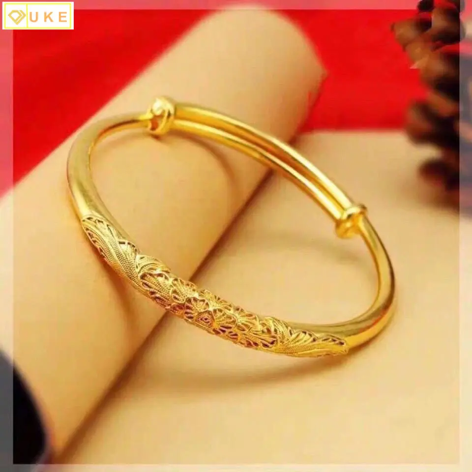 Copy 100% 24K Real Gold 18K Bracelet Female 18K Yellow Gold Bangle Push-PullBracelet All-Match to Give Mom Valentine's Day Gift