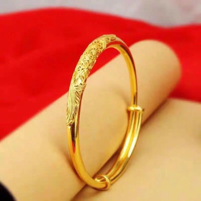 Copy 100% 24K Real Gold 18K Bracelet Female 18K Yellow Gold Bangle Push-PullBracelet All-Match to Give Mom Valentine's Day Gift