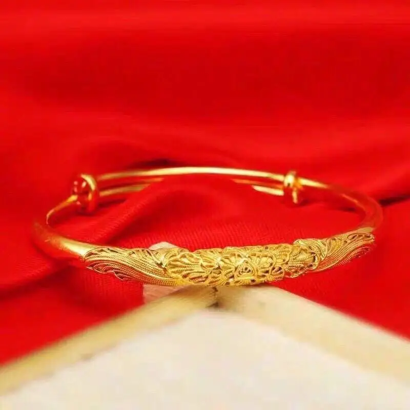 Copy 100% 24K Real Gold 18K Bracelet Female 18K Yellow Gold Bangle Push-PullBracelet All-Match to Give Mom Valentine's Day Gift