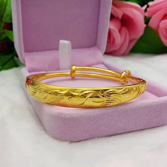 Copy 100% 24K Real Gold 18K Bracelet Female 18K Yellow Gold Bangle Push-PullBracelet All-Match to Give Mom Valentine's Day Gift