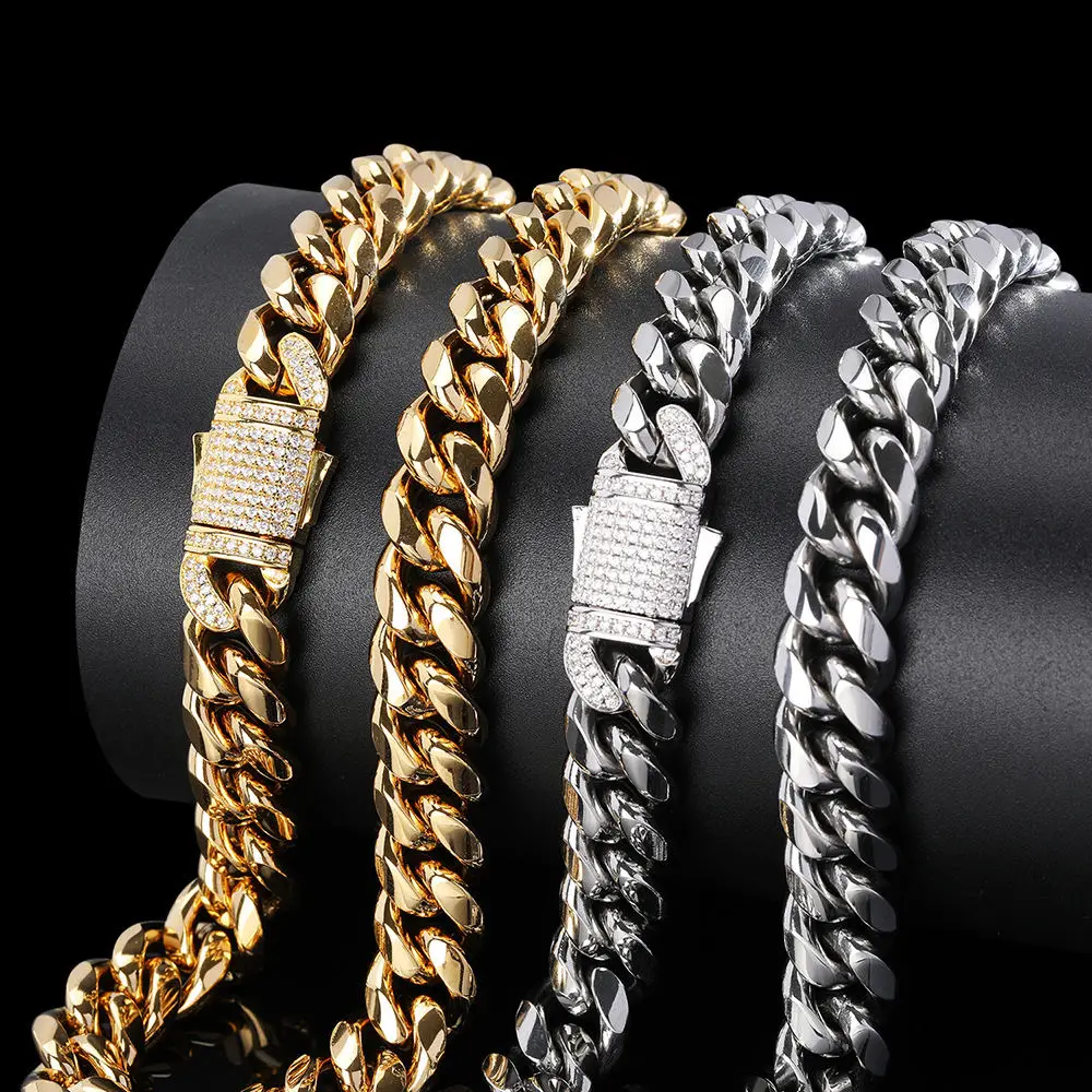 Fashion Jewelry Bling Stone Stainless Steel Hip Hop Cuban Link Chain Necklace Items For Women