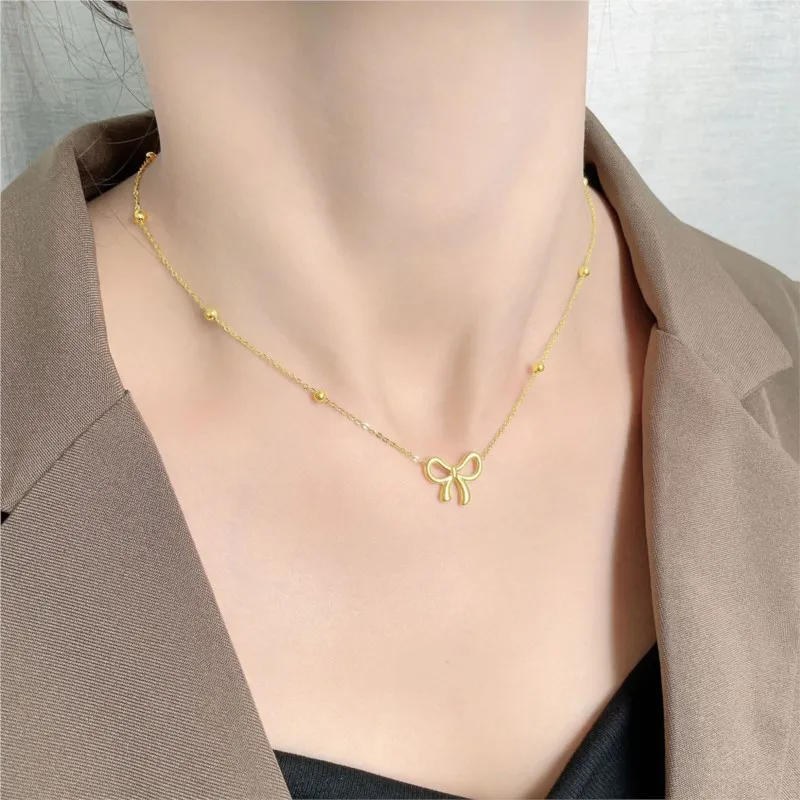 L316 Stainless Steel Beads Chain Hollow Bowknot Pendant Necklace for Women Niche Simple Jewery Accessory