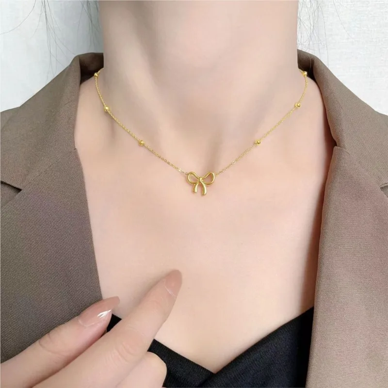 L316 Stainless Steel Beads Chain Hollow Bowknot Pendant Necklace for Women Niche Simple Jewery Accessory