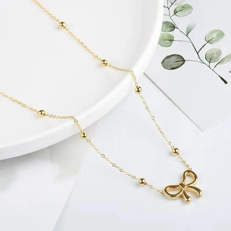 L316 Stainless Steel Beads Chain Hollow Bowknot Pendant Necklace for Women Niche Simple Jewery Accessory