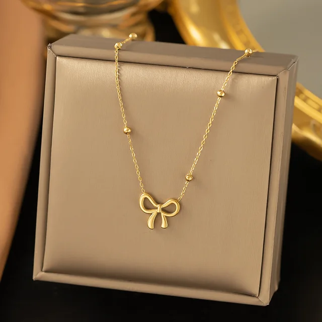 L316 Stainless Steel Beads Chain Hollow Bowknot Pendant Necklace for Women Niche Simple Jewery Accessory