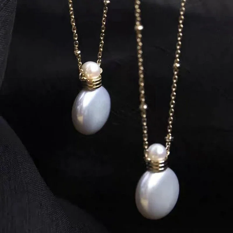 100% Natural Freshwater Baroque Pearl Perfume Water Bottle Pendant Necklace Button Shape about 13mm French Luxury Collar Chain