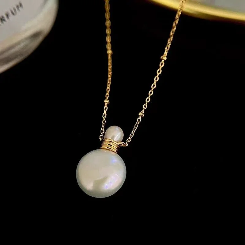 100% Natural Freshwater Baroque Pearl Perfume Water Bottle Pendant Necklace Button Shape about 13mm French Luxury Collar Chain
