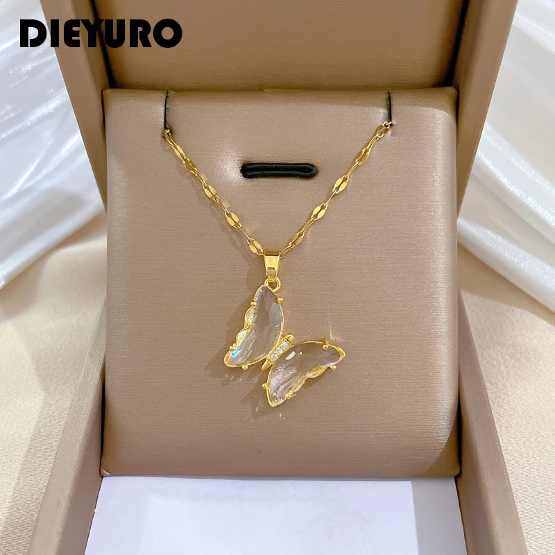 316L Stainless Steel Butterfly Crystal Pendant Necklace For Women Girl New Trend Luxury Neck Chain Jewelry Gift Party