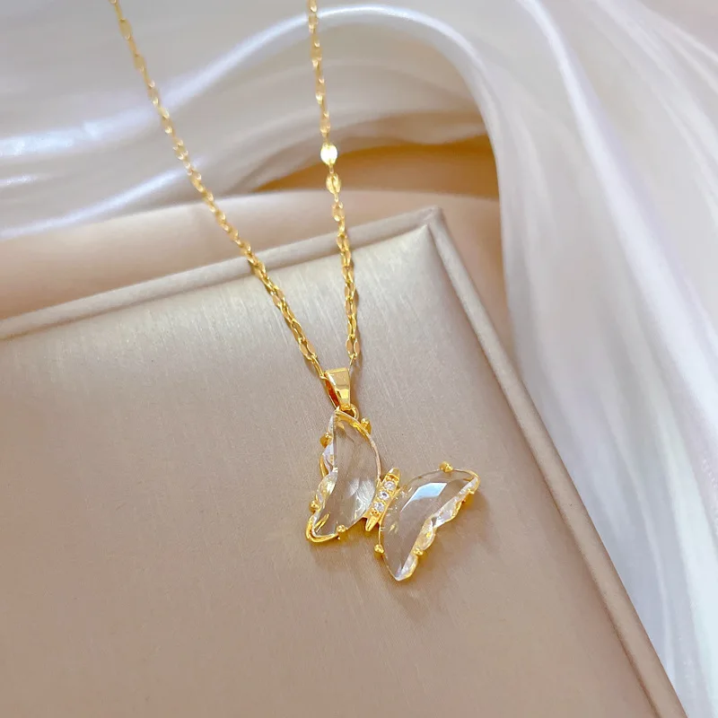 316L Stainless Steel Butterfly Crystal Pendant Necklace For Women Girl New Trend Luxury Neck Chain Jewelry Gift Party