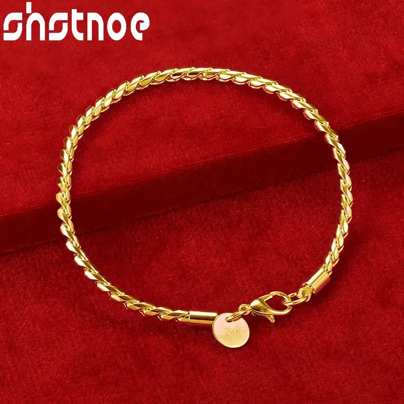 24K Gold 4mm Snake Hand Chain Bracelet For Woman Men Fashion Jewelry Engagement Bangles Wedding Party Birthday Gifts