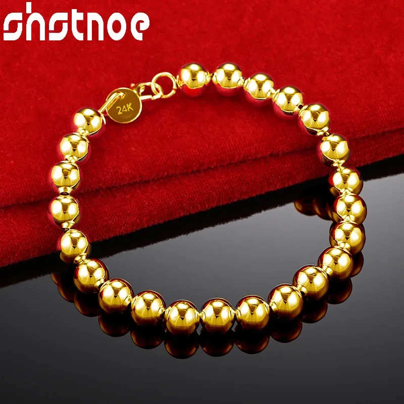 24K Gold 8mm Beads Bracelet For Woman Men Fashion Jewelry Hand Chain Engagement Bangles Wedding Party Birthday Gifts