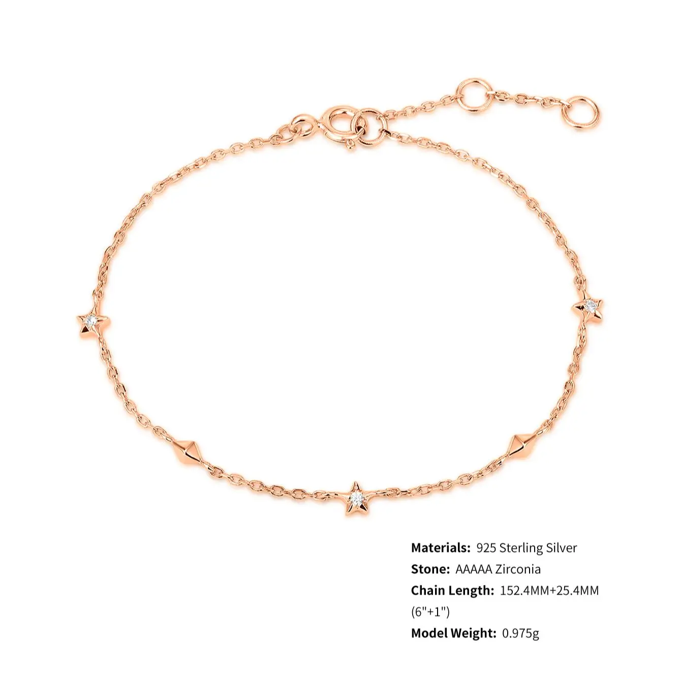 Women Jewelry 14K Rose Gold Bracelet CZ Luxury Cute Trendy Sparkling Star 925 Sterling Silver Charm Bracelet for Gift