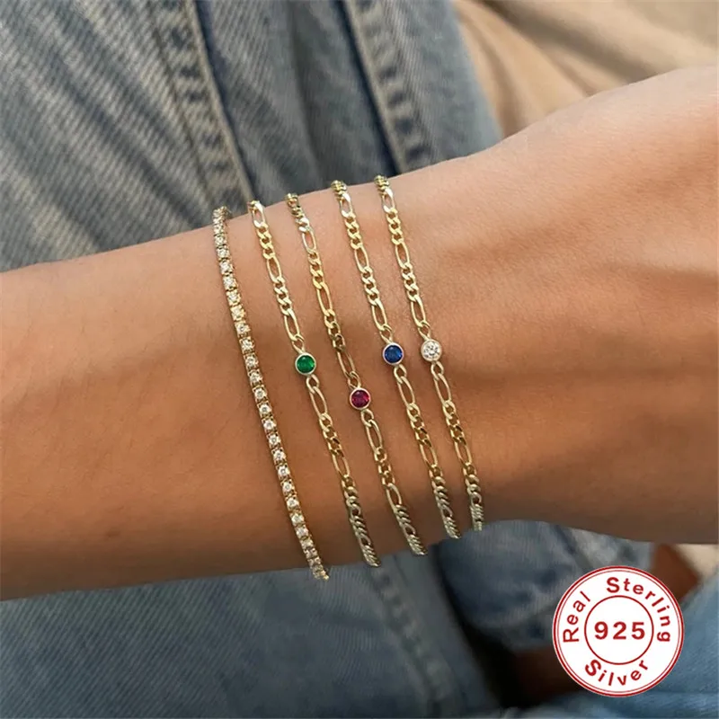 Crystal Red Stone Stacking Bracelet For Women Gold Figaro Chain on the Wrist Wedding Gifts 925 Sterling Silver Bracelet