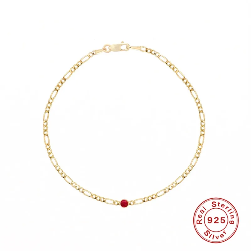 Crystal Red Stone Stacking Bracelet For Women Gold Figaro Chain on the Wrist Wedding Gifts 925 Sterling Silver Bracelet