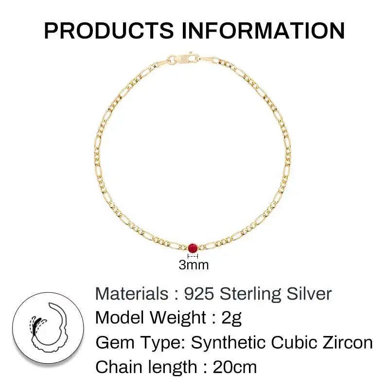 Crystal Red Stone Stacking Bracelet For Women Gold Figaro Chain on the Wrist Wedding Gifts 925 Sterling Silver Bracelet