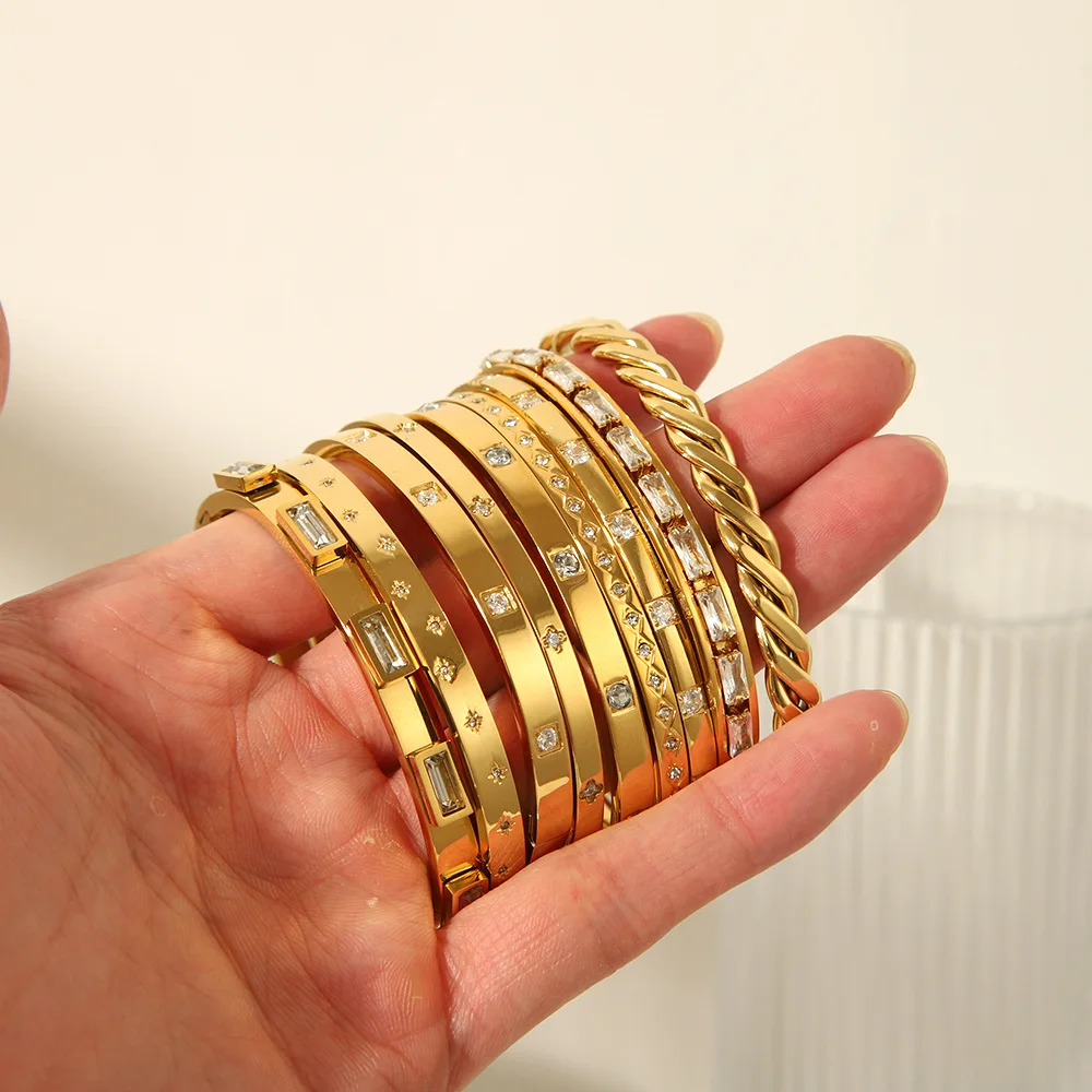 Waterproof Zirconia Cuff Bangles for Women Men 18k Gold Plated Stainless Steel Bracelet Jewellery Gift Wholesale Pulseras Mujer