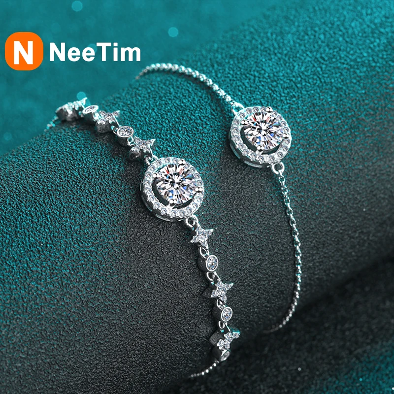 NeeTim 1ct 6.5mm Moissanite Bracelet for Women 925 Silver Sterling with 18k Gold Plated Luxury Wedding Party Bracelets with GRA