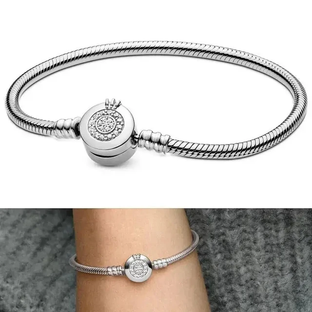 925 Sterling Silver Original Logo Women's Signature Sparkling Crown Letter O Snake Bone Chain Bracelet DIY Fashion Jewelry Gift