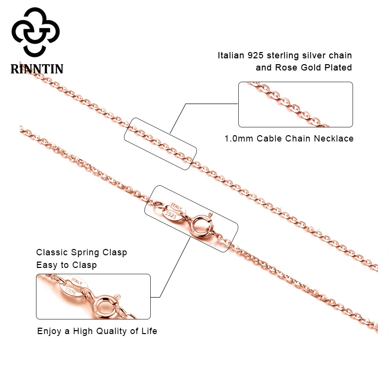 Rinntin Rose Gold 925 Sterling Silver Fashion Cable Link Chains Necklace for Women Thin Neck Chain Accessories Jewelry SC06