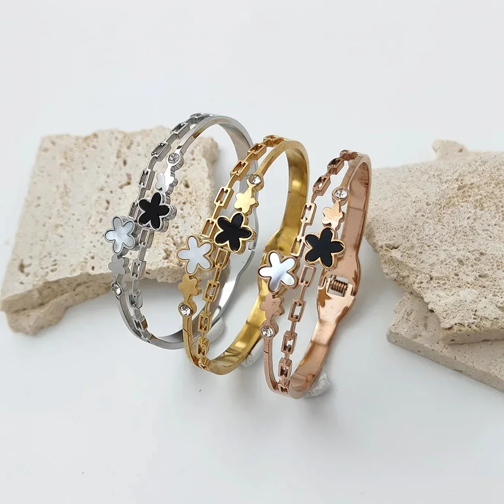 Fashion Flower Stainless Steel Bangle for Women Gold Exquisite Jewelry Bracelets Holiday Party Accessories Valentine's Day Gifts