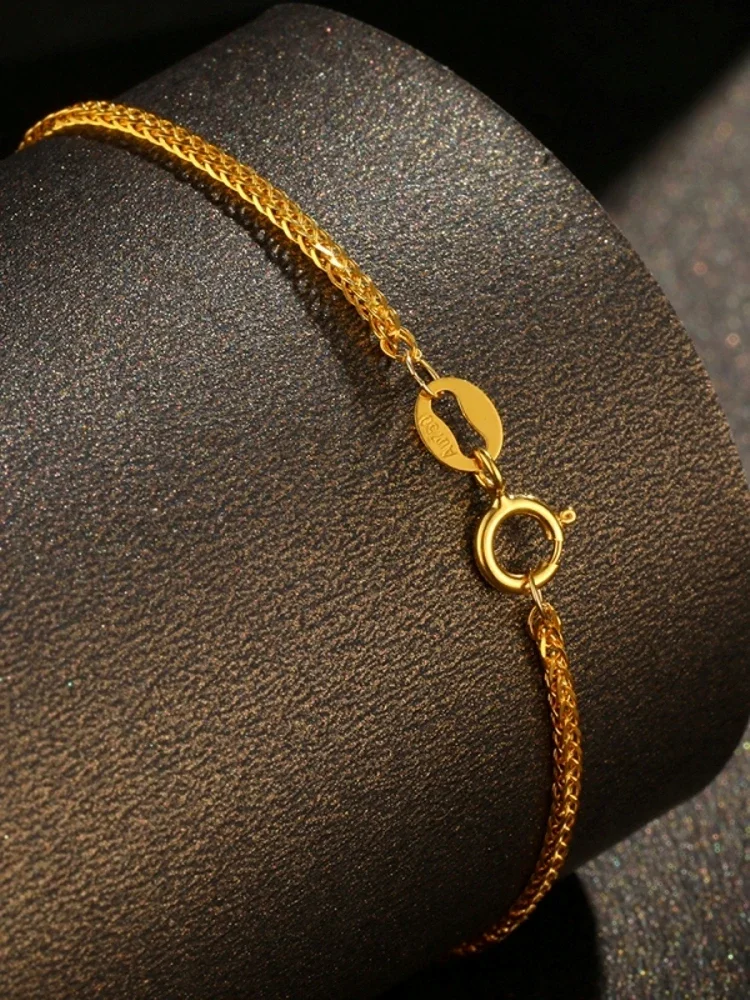 Real Pure 18K Yellow Gold Chain Women Lucky 0.9mm Solid Wheat Bracelet 15-24cm