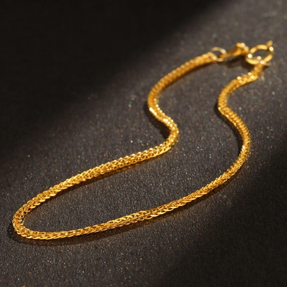 Real Pure 18K Yellow Gold Chain Women Lucky 0.9mm Solid Wheat Bracelet 15-24cm