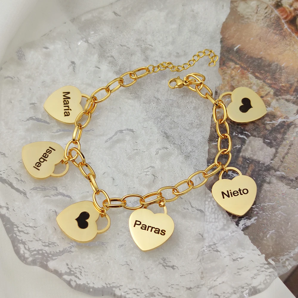 Bracelets for Women Personalized Heart-Shaped Charms Bracelet Custom Name Bracelet Stainless Steel Jewelry Gifts Pulseras MujerP