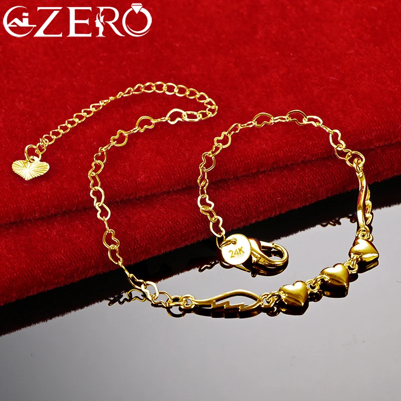 24K Gold Bracelet 925 Sterling Silver Angel Wings Three Heart Chain Bracelets For Women Fashion Party Wedding Jewelry