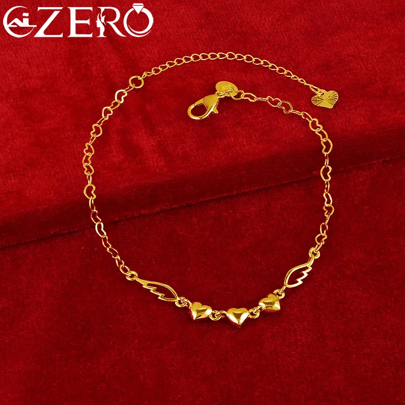 24K Gold Bracelet 925 Sterling Silver Angel Wings Three Heart Chain Bracelets For Women Fashion Party Wedding Jewelry