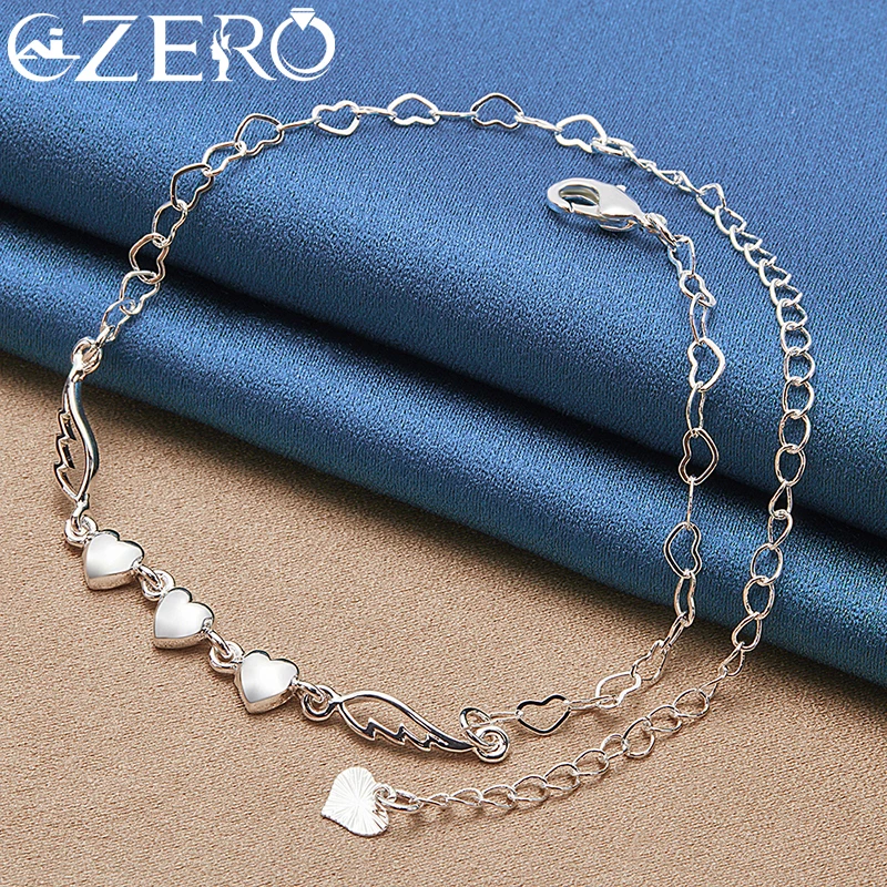 24K Gold Bracelet 925 Sterling Silver Angel Wings Three Heart Chain Bracelets For Women Fashion Party Wedding Jewelry