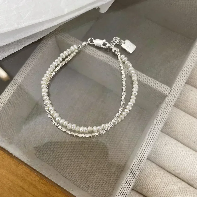 925 Sterling Silver Double Layer Pearl Bracelet for Women Girl Design Bead Korean Jewelry  Charm Bracelet